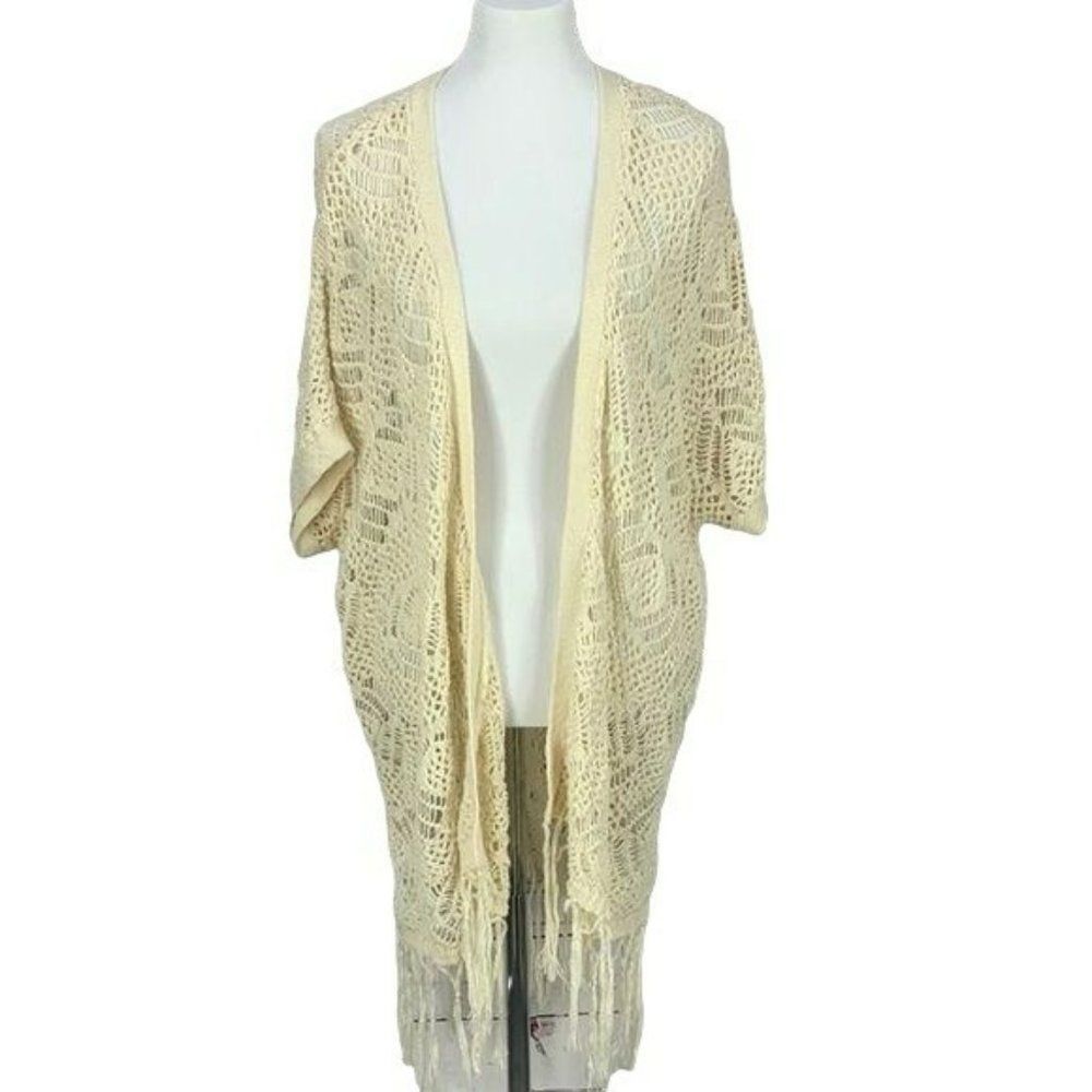 Wet Seal Woman's White Crochet Ivory Color‎ Fringe Cardigan Duster Size 3X